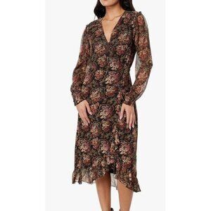 Paige Paulette Midi Dress Women Size XS NWT Deep V Neck Long Sleeves  Ruffle Hem